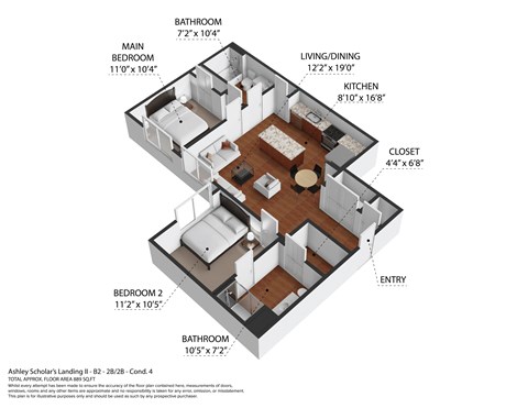 A floor plan of a small apartment with a living room, kitchen, and two bedrooms.